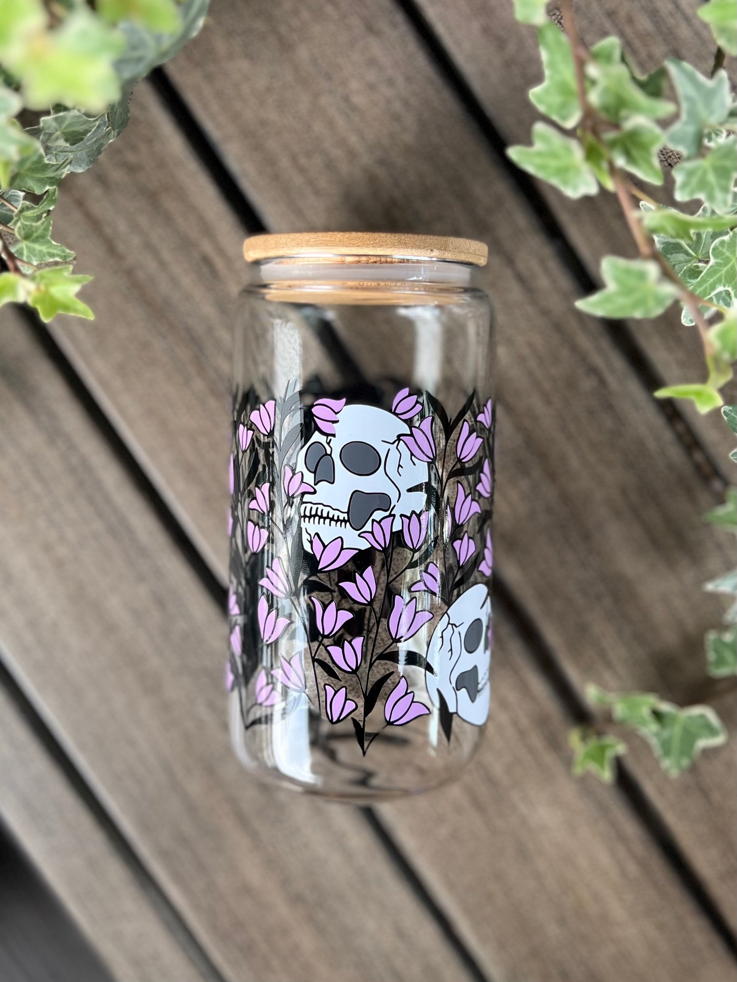 Floral Skulls Beer Can Glass