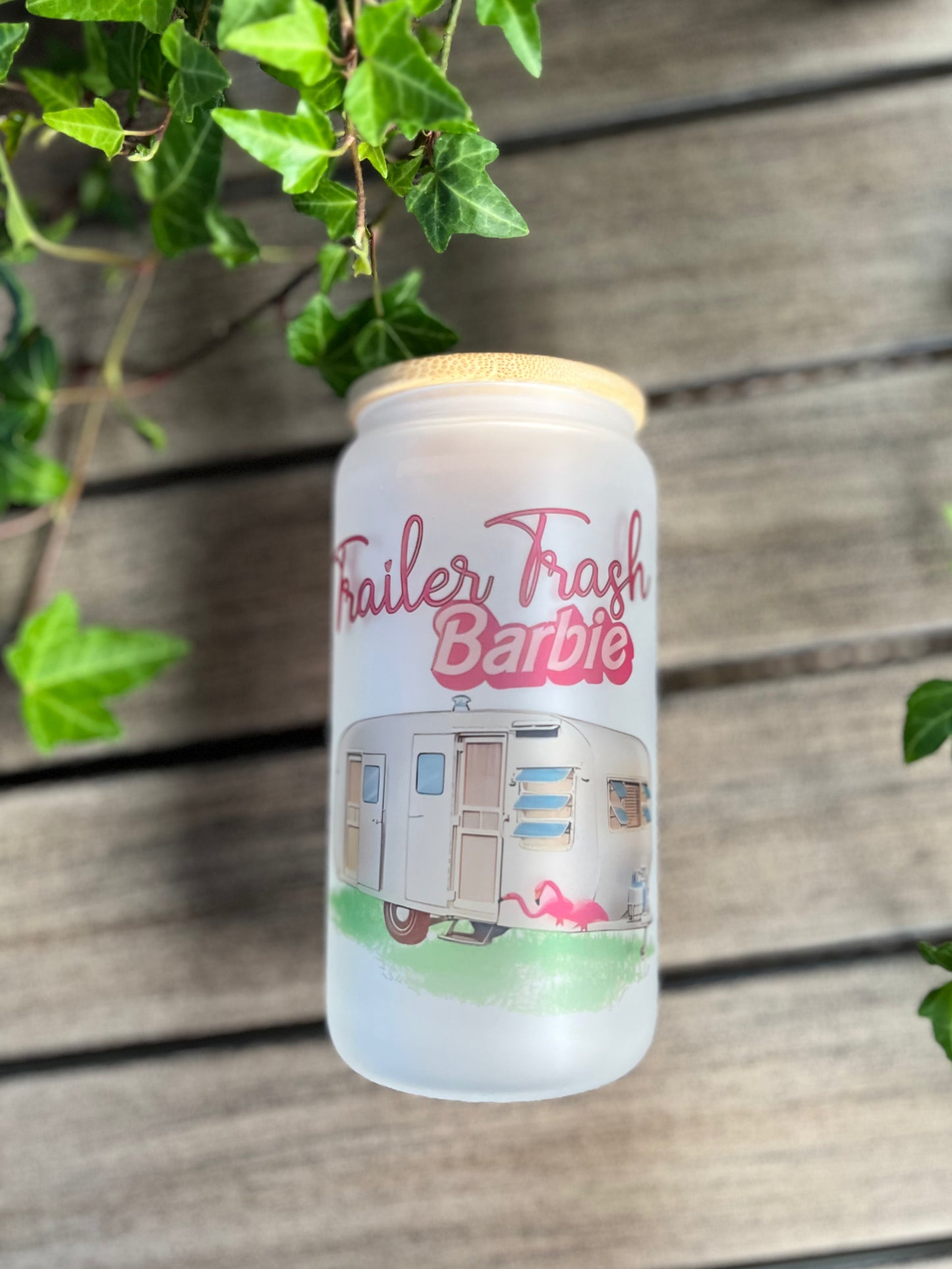 Trailer Trash Barbie Beer Can Glass