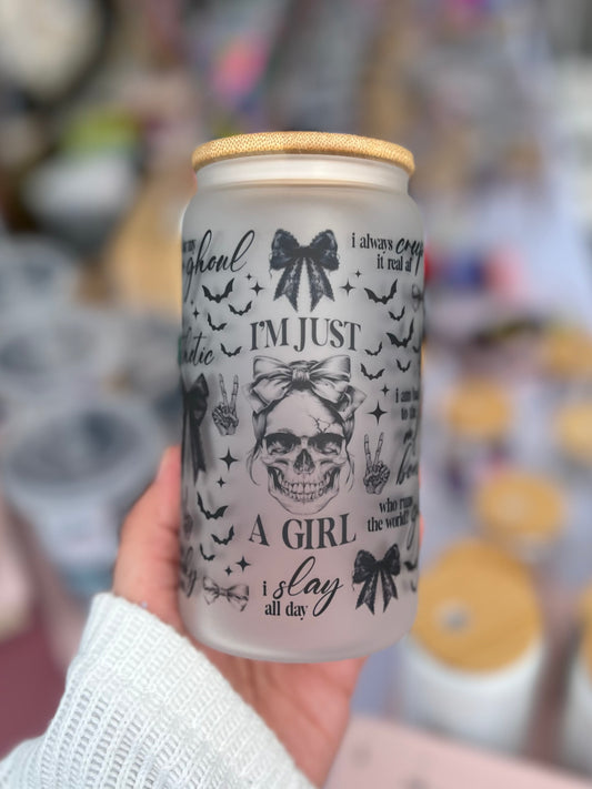 I’m Just A Girl Skull Beer Can Glass
