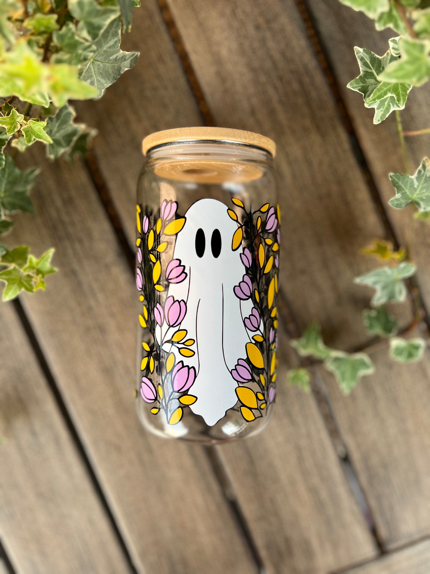 Floral Ghost Beer Can Glass