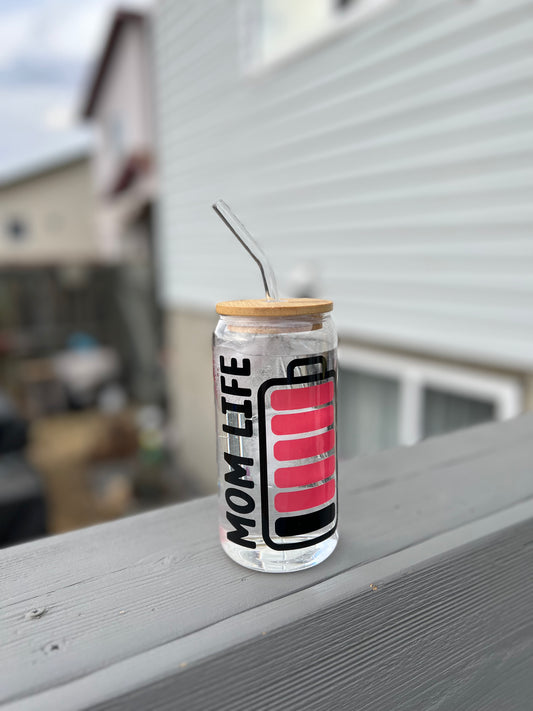 Mom Life Battery Beer Can Glass